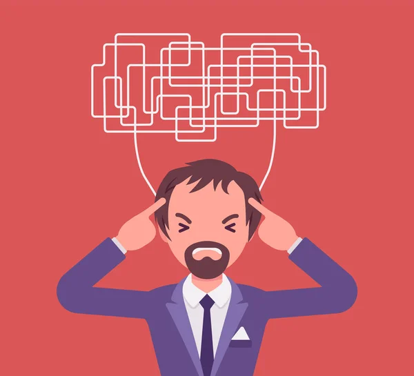 Man with confused thoughts unable to think clearly for decision — Stock Vector