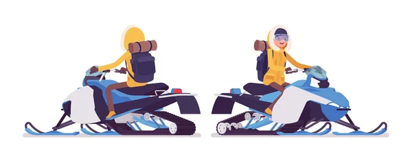 Senderismo de invierno mujer montando una moto de nieve — Vector de stock