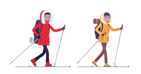 Randonnée hivernale homme, femme ski — Image vectorielle