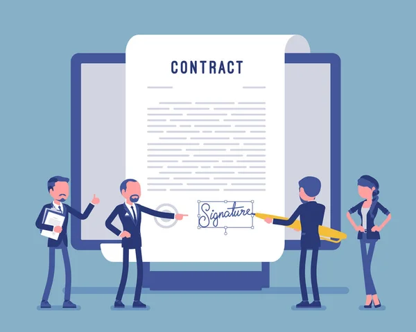 Electronic document signature, contract page on screen — Stock Vector