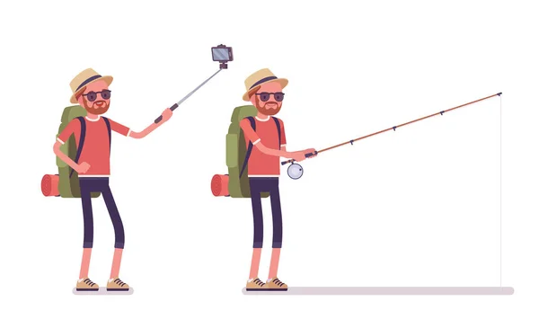 Senderismo hombre tomando selfie, pesca — Vector de stock