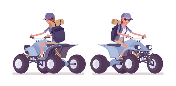 Hiking woman riding atv quad bike — Stock Vector