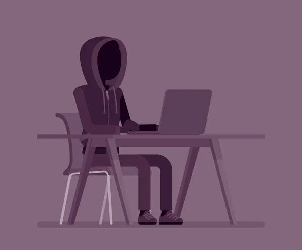 Homem hacker anônimo com rosto oculto no laptop — Vetor de Stock