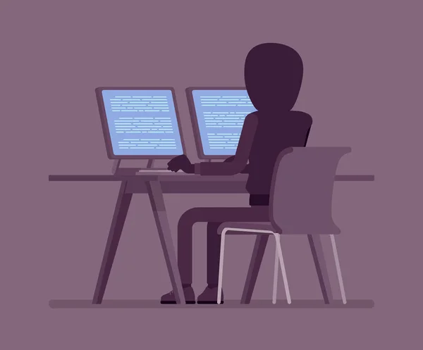 Anonymous hacker man with hidden face at computer — Stock Vector