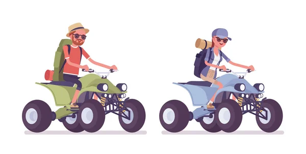 Caminhadas homem, mulher montando uma moto quad — Vetor de Stock