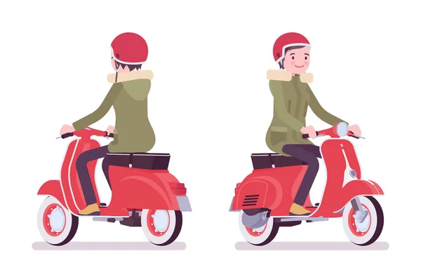 Parka mujer en scooter rojo — Vector de stock