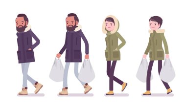 Parka erkek ve kadın alışveriş çantaları ile yürümek