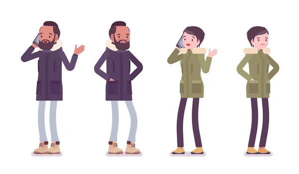 Parka férfi és nő áll a telefon — Stock Vector