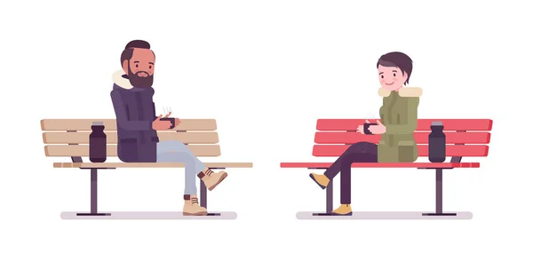 Parka man, woman sitting on a park bench — Stock Vector