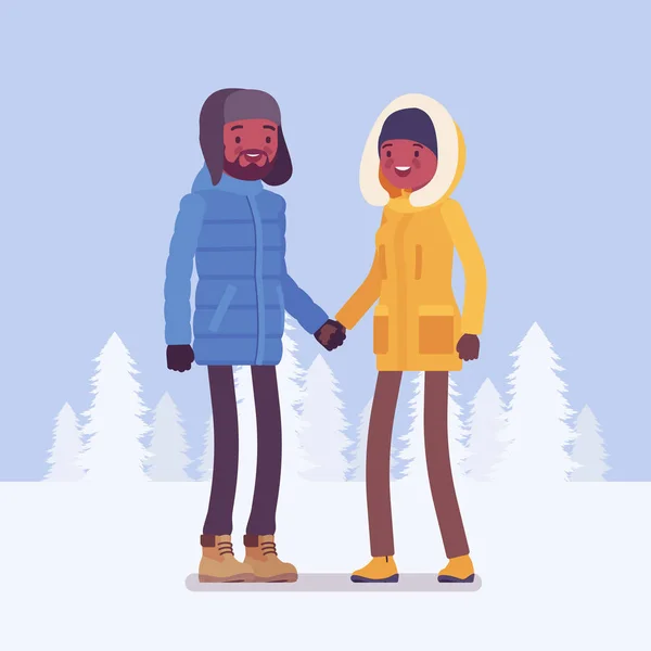 Feliz casal preto em roupas de inverno —  Vetores de Stock