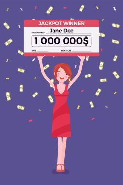 Kazanan piyango bileti, mutlu kadın dev kontrol tutan