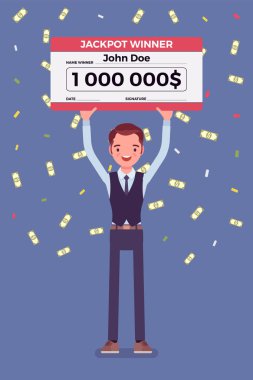 Kazanan piyango bileti, mutlu adam dev kontrol tutan