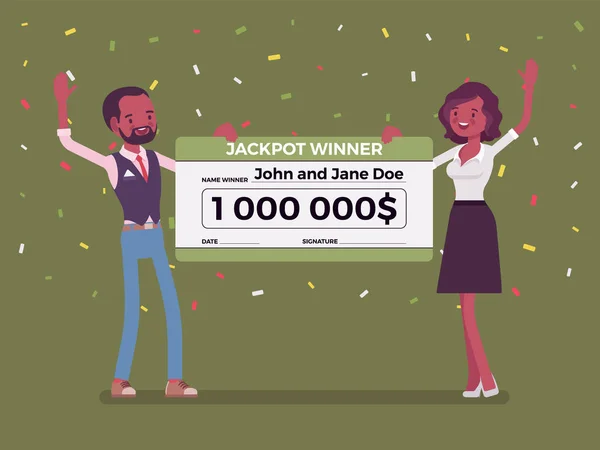 Winnende loterij ticket, happy Black pair met Giant check — Stockvector