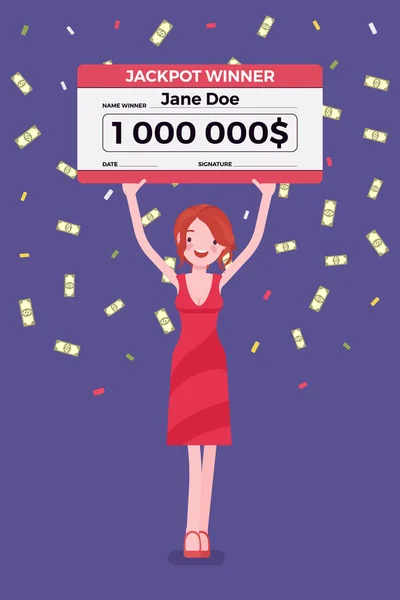 Winning lottery ticket, happy woman holding giant check — Stock Vector