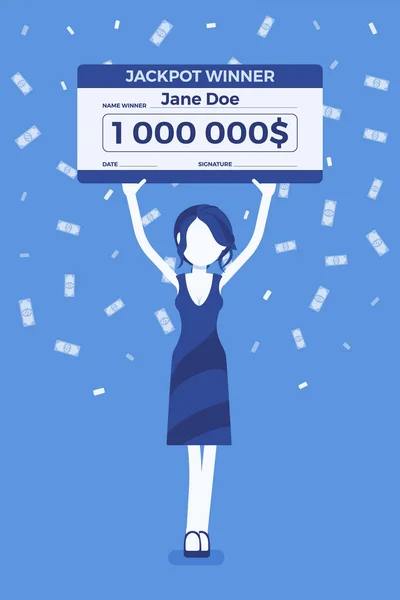 Gagnant billet de loterie, femme heureuse tenant chèque géant — Image vectorielle