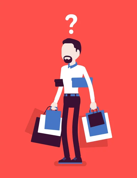 Hombre Shopaholic comprando demasiadas compras — Vector de stock