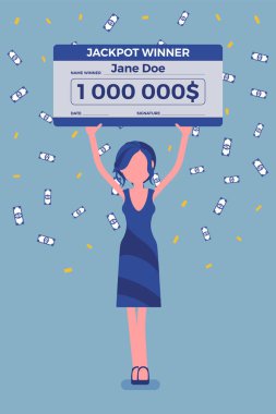 Kazanan piyango bileti, mutlu kadın dev kontrol tutan