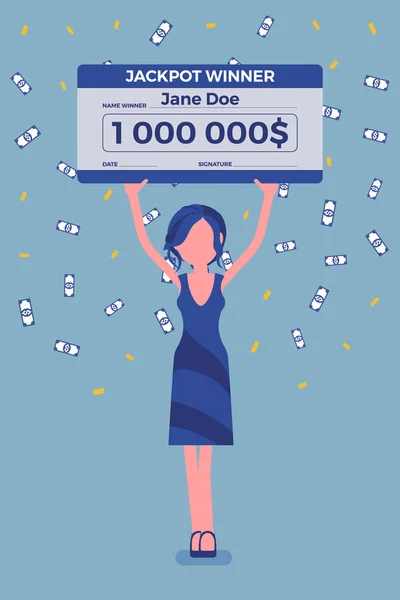 Ganhar bilhete de loteria, mulher feliz segurando cheque gigante — Vetor de Stock