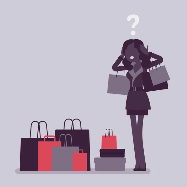 Shopaholic nő vásárol túl sok — Stock Vector