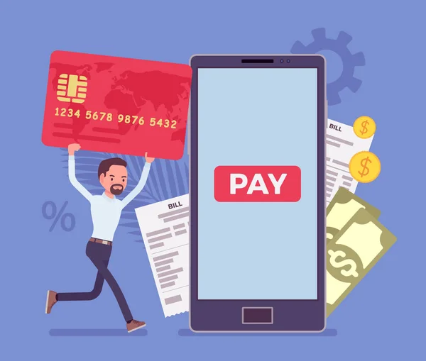Homem com um cartão que faz conta digital e pagamento móvel — Vetor de Stock