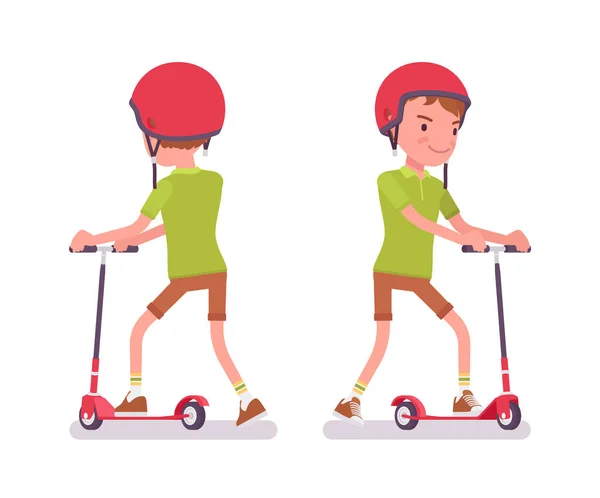 Garçon enfant de 7 à 9 ans, enfant d'âge scolaire équitation kick scooter — Image vectorielle