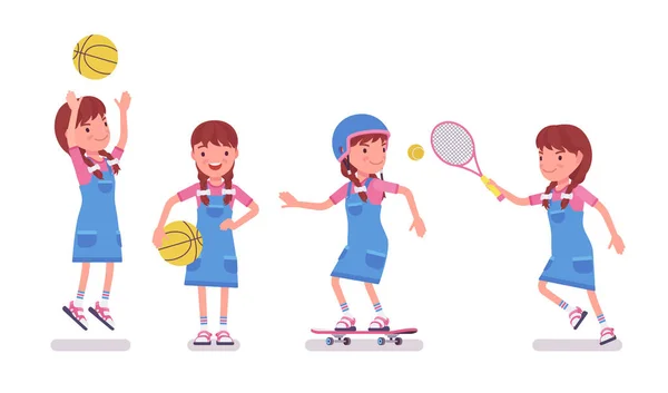 여자 아이 7 ~ 9 세, 여자 학교 아이 스포츠 활동 — 스톡 벡터