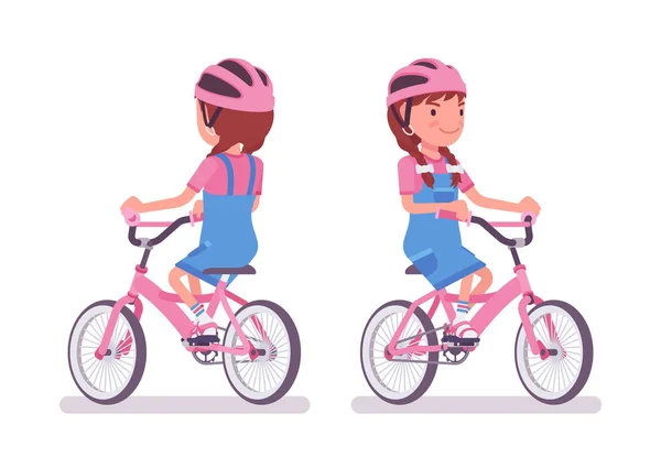 Niña de 7 a 9 años, niño en edad escolar en bicicleta — Vector de stock