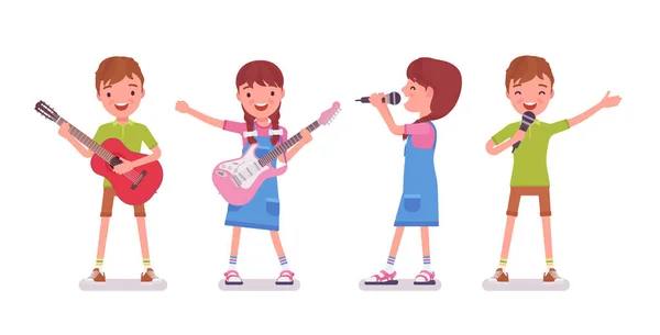 Хлопчик, дівчинка дитина 7-9 років грає на гітарі, співає — стоковий вектор