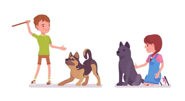 Αγόρι, κορίτσι 7 να 9 χρονών παίζοντας με ένα κατοικίδιο σκυλί — Διανυσματικό Αρχείο