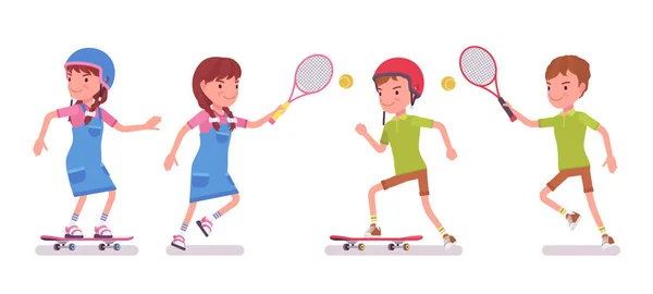 Garçon, fille enfant de 7 à 9 ans profiter du tennis, planche à roulettes — Image vectorielle