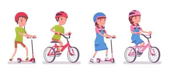 Garçon, fille enfant de 7 à 9 ans, équitation kick scooter, vélo — Image vectorielle
