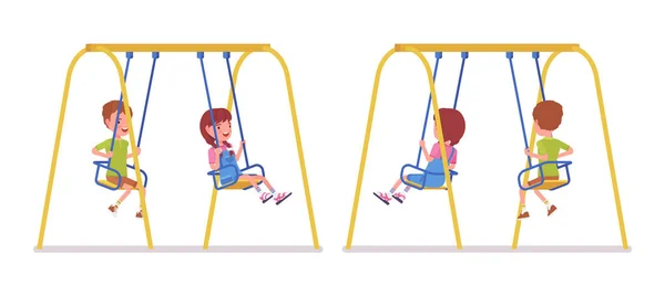 Boy and girl child 7 to 9 years old on swings — Stock Vector