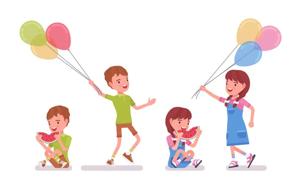 Menino e menina criança 7 a 9 anos com melancia, balões — Vetor de Stock