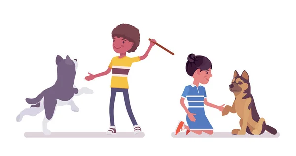 Niño, niña niño negro 7, 9 años jugando con el perro mascota — Vector de stock