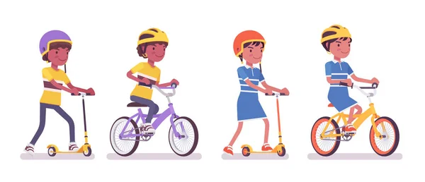 Niño, niña negra 7, 9 años, patinete scooter, bicicleta — Vector de stock
