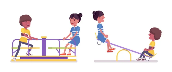 Garçon et fille noir enfant 7, 9 ans sur balançoire, carrousel — Image vectorielle