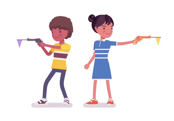 Erkek, kız siyah çocuk 7, 9 yaşında oyuncak tabanca ile çekim — Stok Vektör