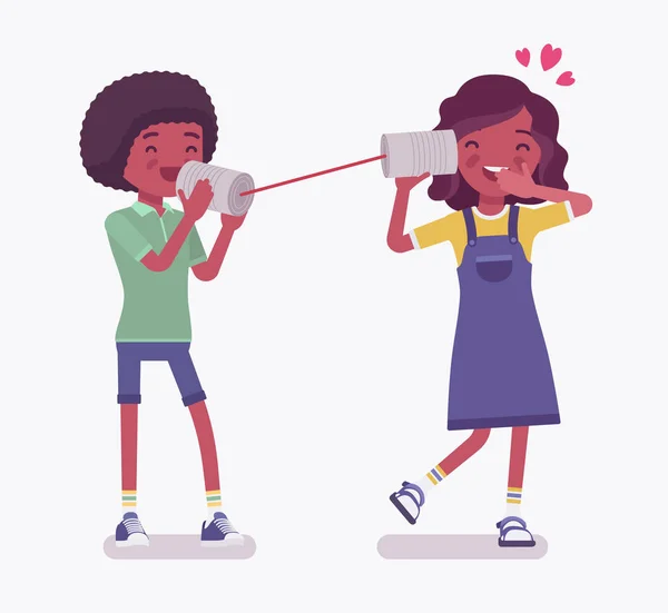 Black boy and girl speaking by tin can telephone — Stock Vector