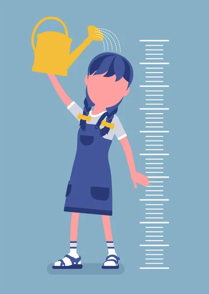 Girl at child height growth chart with a watering can — Stock Vector