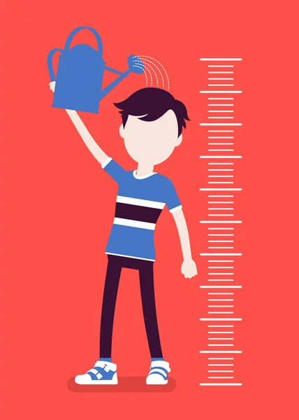 Pojke på barn höjd tillväxt diagram med en vattning kan — Stock vektor