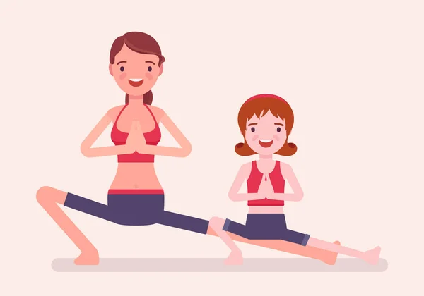 Familie yoga, jong gelukkig yogi moeder en dochter — Stockvector