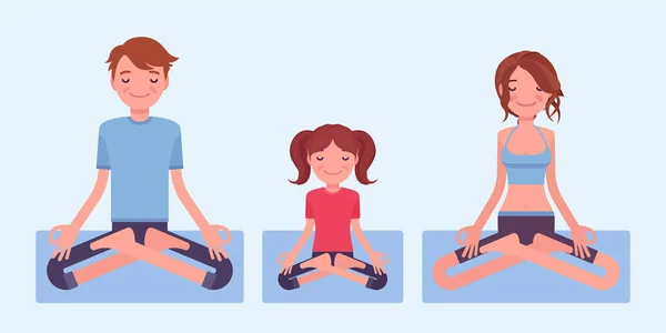 Família yogi feliz em roupas esportivas praticando ioga, meditando — Vetor de Stock
