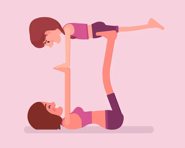 Yoga di famiglia, giovane madre yogi felice, figlia che pratica acroyoga — Vettoriale Stock