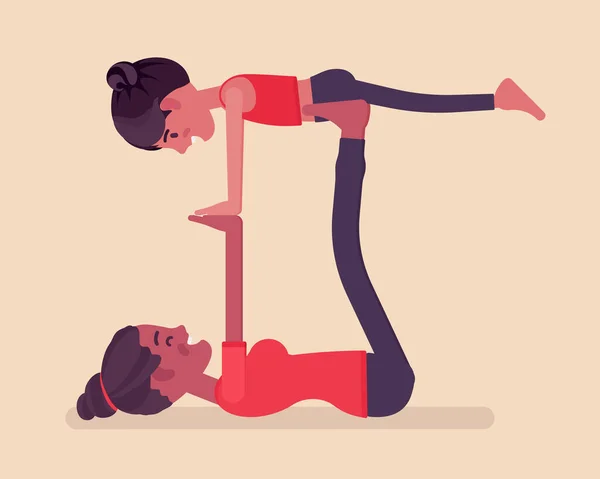 Yoga di famiglia, giovane madre yogi nera felice, figlia che pratica acroyoga — Vettoriale Stock