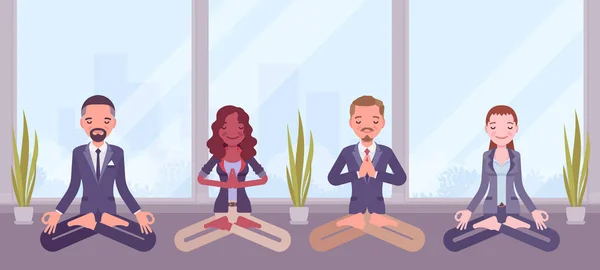 Офисная йога группа бизнесменов, практикующих медитацию — стоковый вектор
