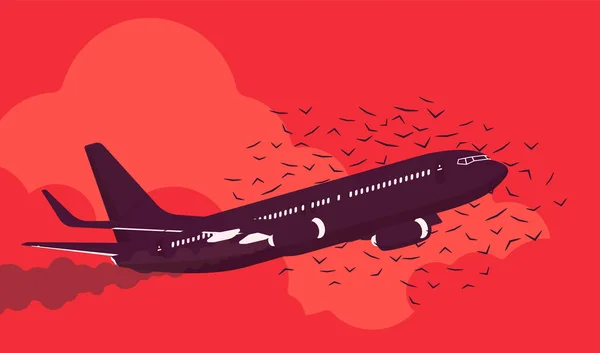 Avião de passageiros em perigo com ataque do bando de aves —  Vetores de Stock