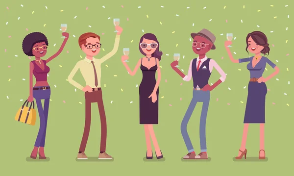 Jóvenes felices con bebidas de celebración — Vector de stock