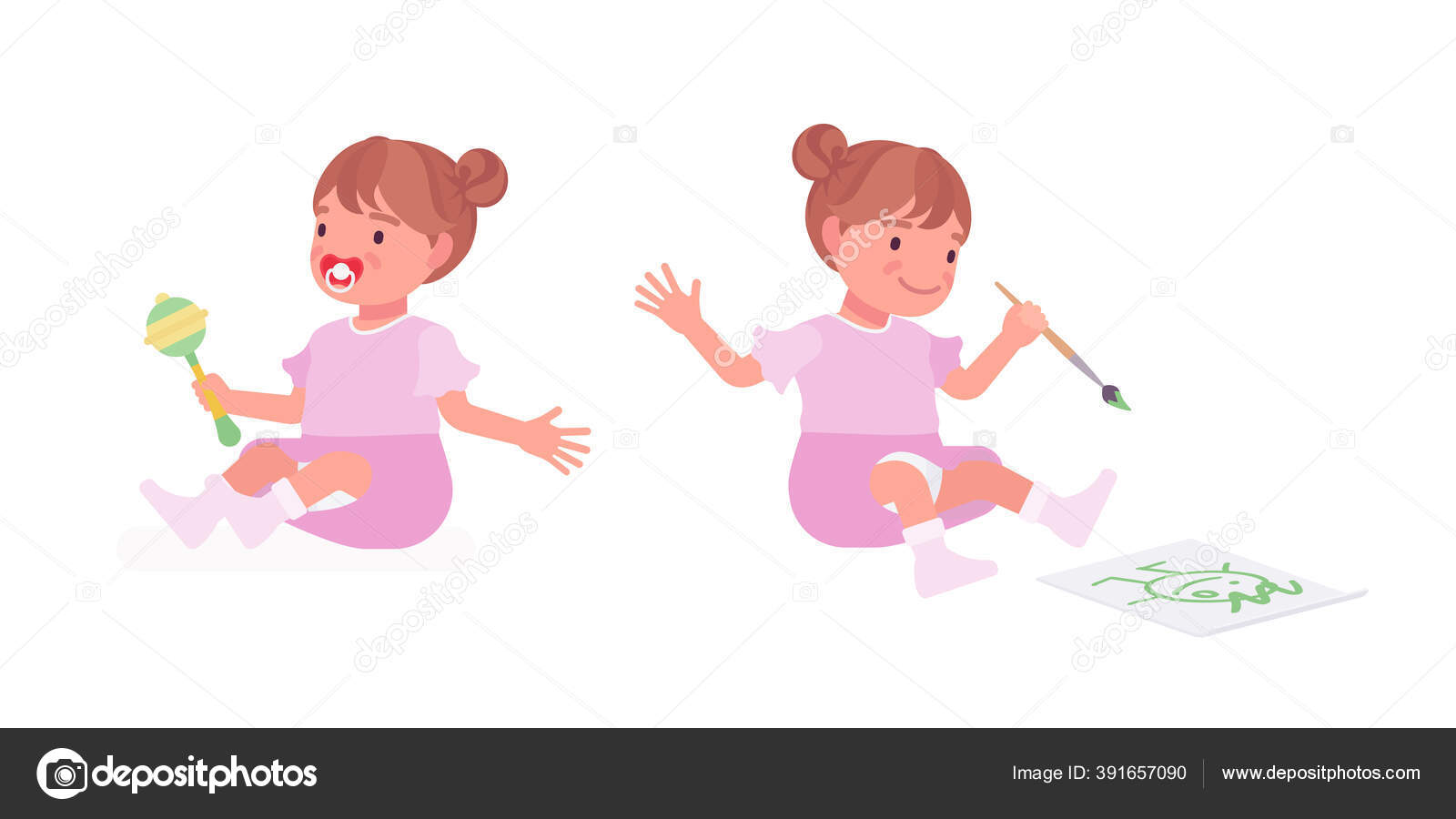 Toddler child, little girl playing with rattle toy, drawing Stock ...