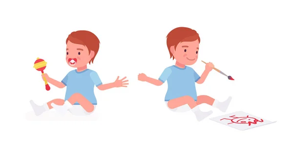 Enfant en bas âge, petit garçon jouant avec le hochet, dessin — Image vectorielle