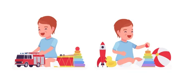 Criança, menino gosta de brincar com brinquedos —  Vetores de Stock